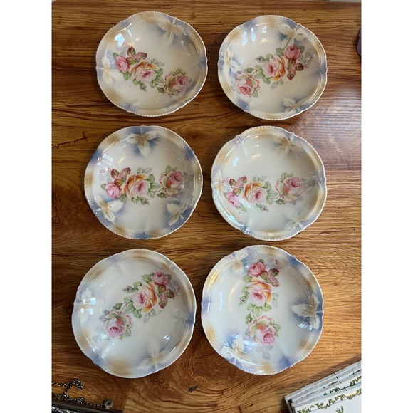 Vintage German Porcelain Rose Berry Bowls Set of 6 Pink Yellow Floral Scalloped